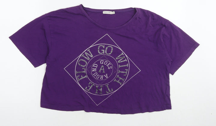 River Island Womens Purple Cotton Cropped T-Shirt Size 12 Round Neck - Go with the flow