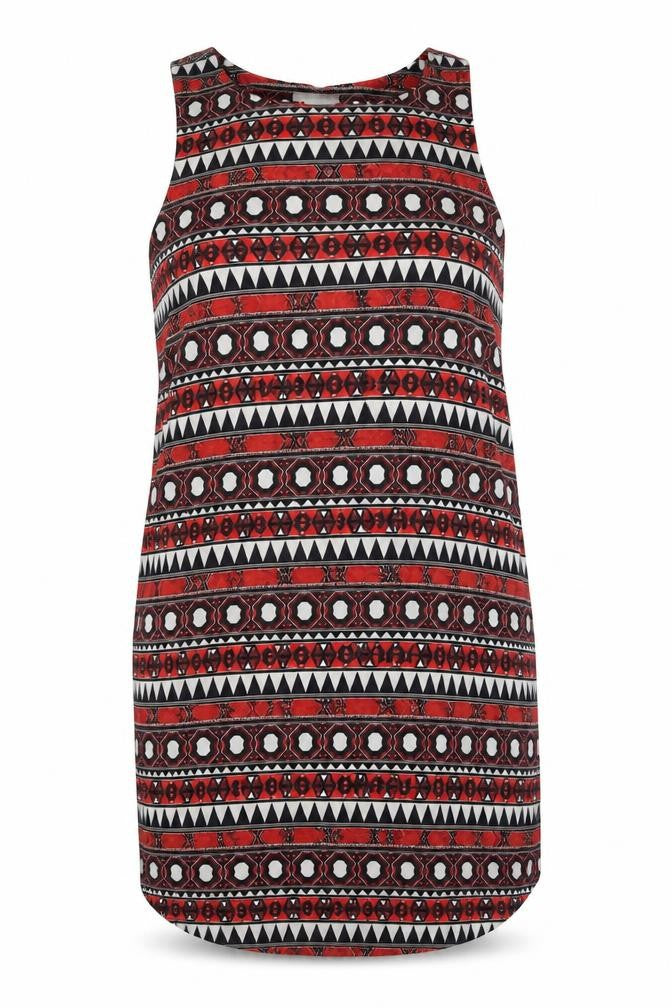 Front view of H&M women’s red geometric polyester tank dress, size UK 16, round neck pullover