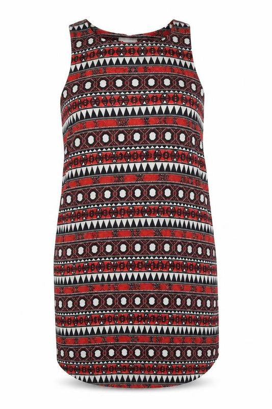 Front view of H&M women’s red geometric polyester tank dress, size UK 16, round neck pullover