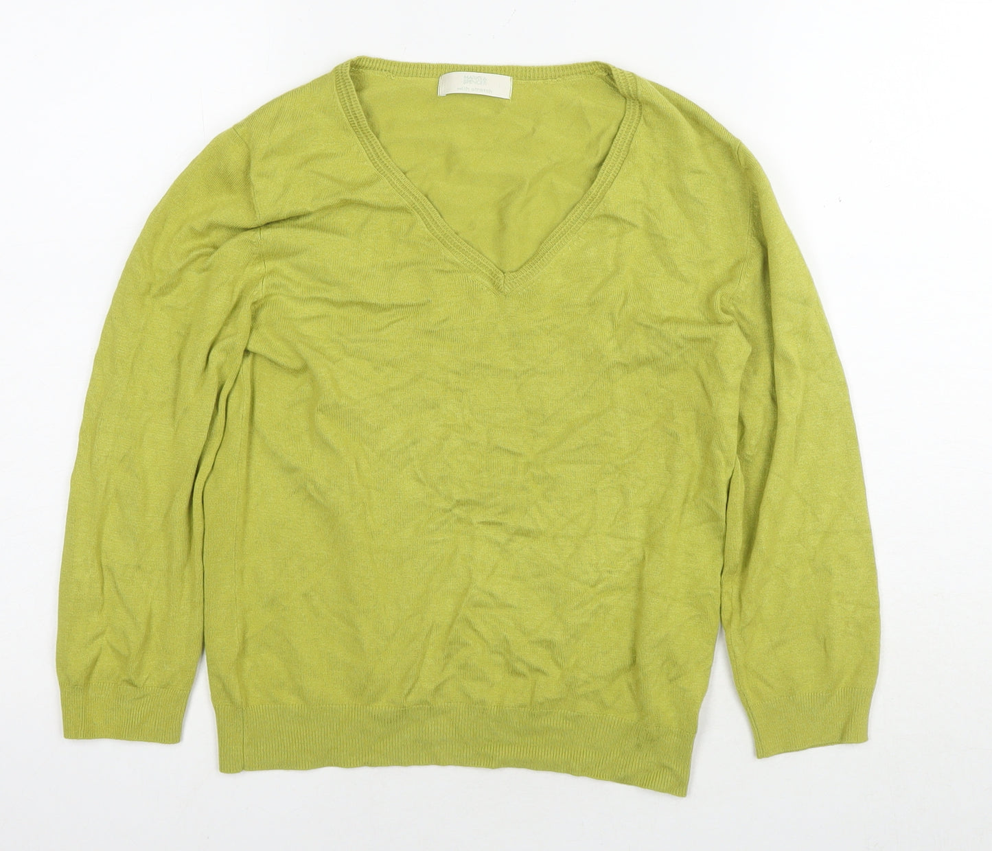 Marks and Spencer Womens Green V-Neck Viscose Pullover Jumper Size 14