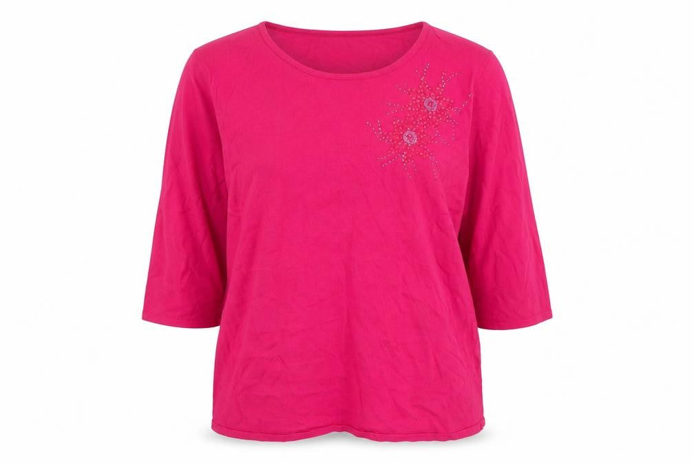 Front view of Anna Rose women’s pink viscose basic blouse, size XL, round neck - beaded detail