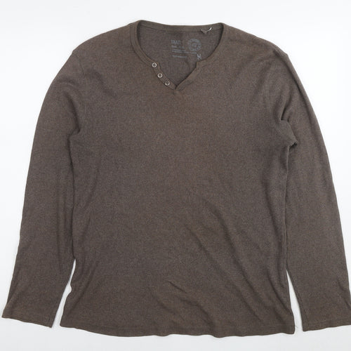 BHS Mens Brown V-Neck Cotton Pullover Jumper Size M Long Sleeve - Ribbed