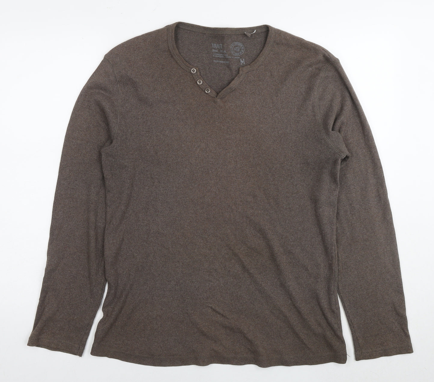 BHS Mens Brown V-Neck Cotton Pullover Jumper Size M Long Sleeve - Ribbed