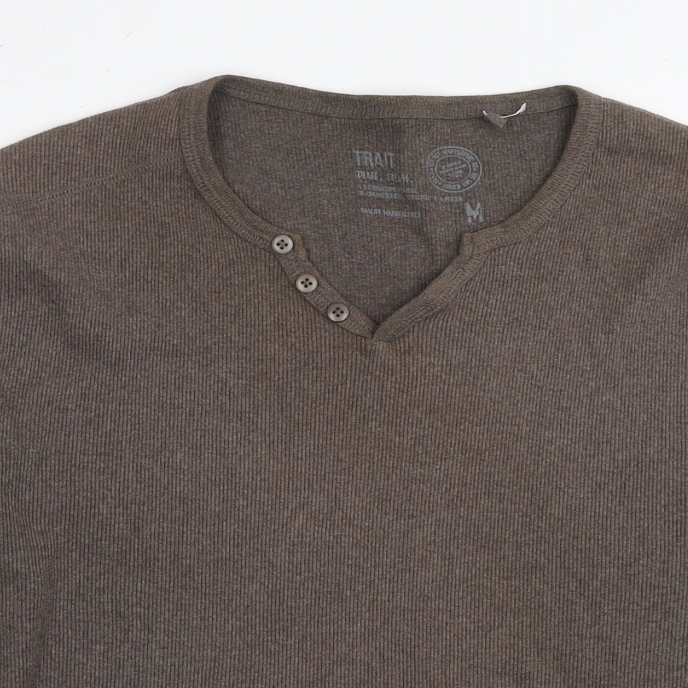 BHS Mens Brown V-Neck Cotton Pullover Jumper Size M Long Sleeve - Ribbed