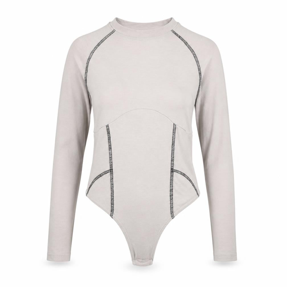 Front view of PRETTYLITTLETHING women’s beige polyester bodysuit one-piece, size UK 10, snap