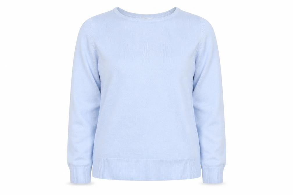 Front view of Marks & Spencer women’s blue round neck acrylic jumper, size UK 12