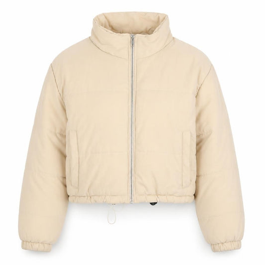 Front view of PRETTYLITTLETHING women’s beige puffer jacket jacket, size UK 8, zip