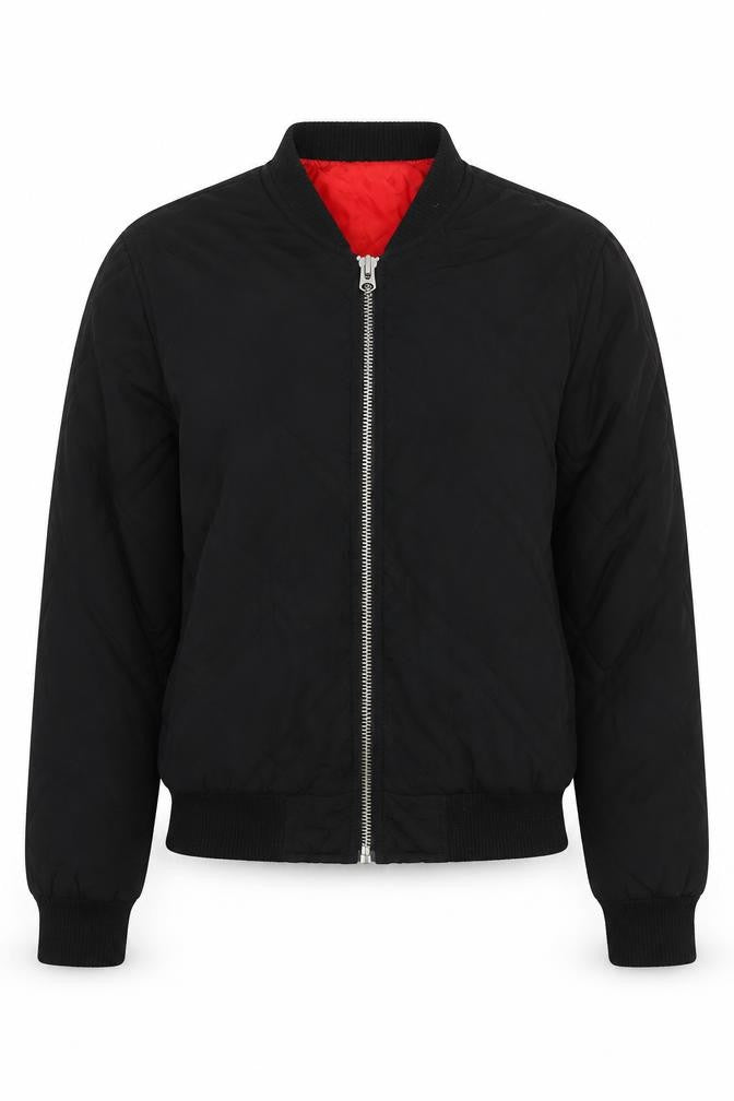 Front view of Topshop women’s black quilted jacket, size UK 8, zip