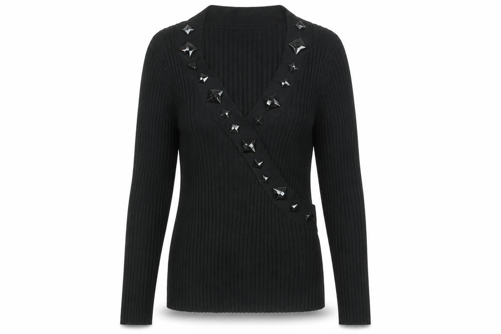 Front view of August Silk women’s black v-neck acrylic jumper, size M