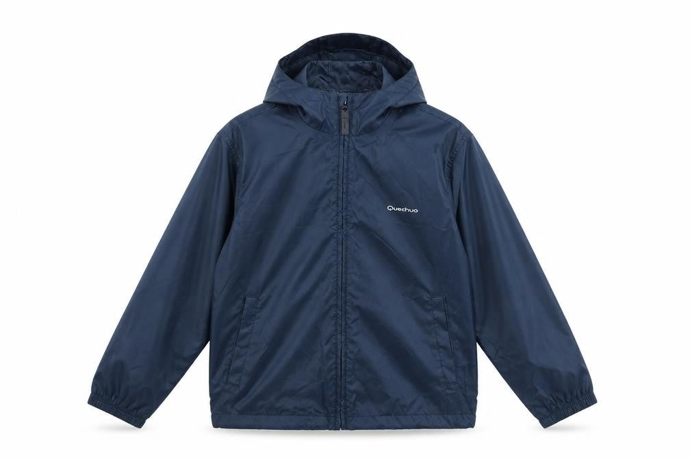 Front view of Quechua boys’ blue rain coat coat, size 10, years zip