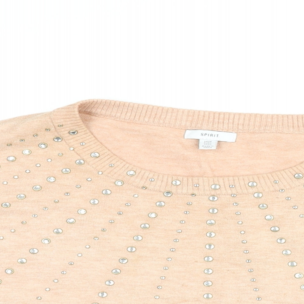 M&Co Womens Pink Round Neck Geometric Viscose Pullover Jumper Size 24 - Jewelled Front Detail