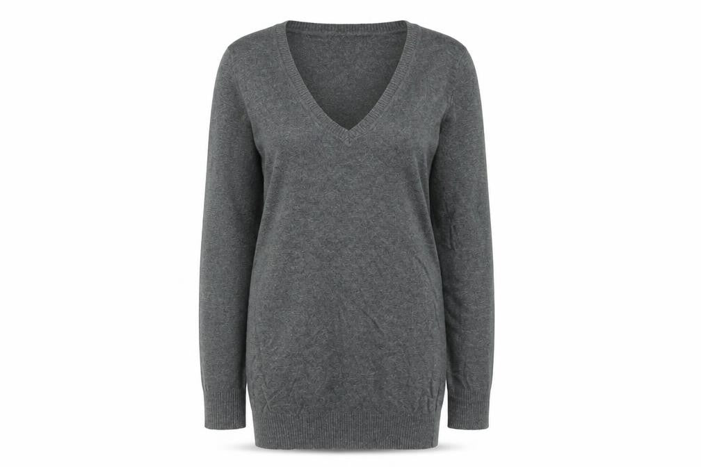 Front view of Plaza Italia women’s grey v-neck cotton jumper, size S