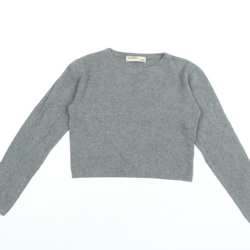 Pull&Bear Womens Grey Viscose Cropped T-Shirt Size M Round Neck