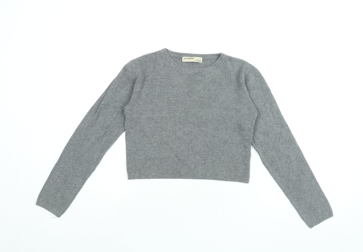Pull&Bear Womens Grey Viscose Cropped T-Shirt Size M Round Neck