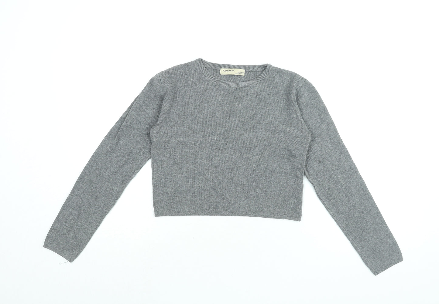 Pull&Bear Womens Grey Viscose Cropped T-Shirt Size M Round Neck