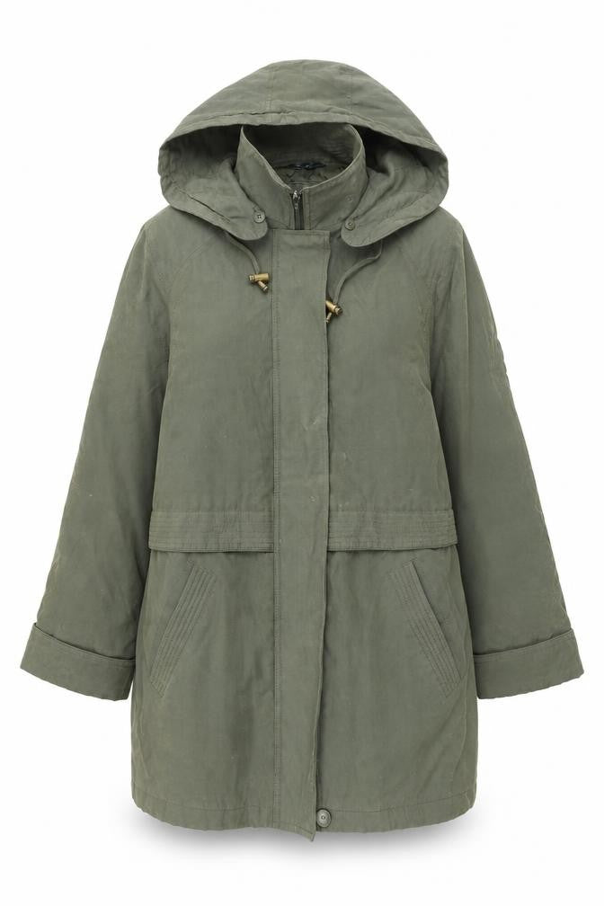 Front view of Nuage women’s green overcoat coat, size UK 12, zip