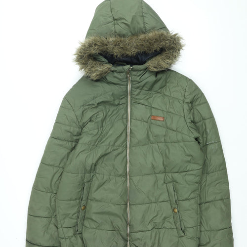 JACK & JONES Mens Green Puffer Jacket Coat Size L Zip - Faux Fur Hood