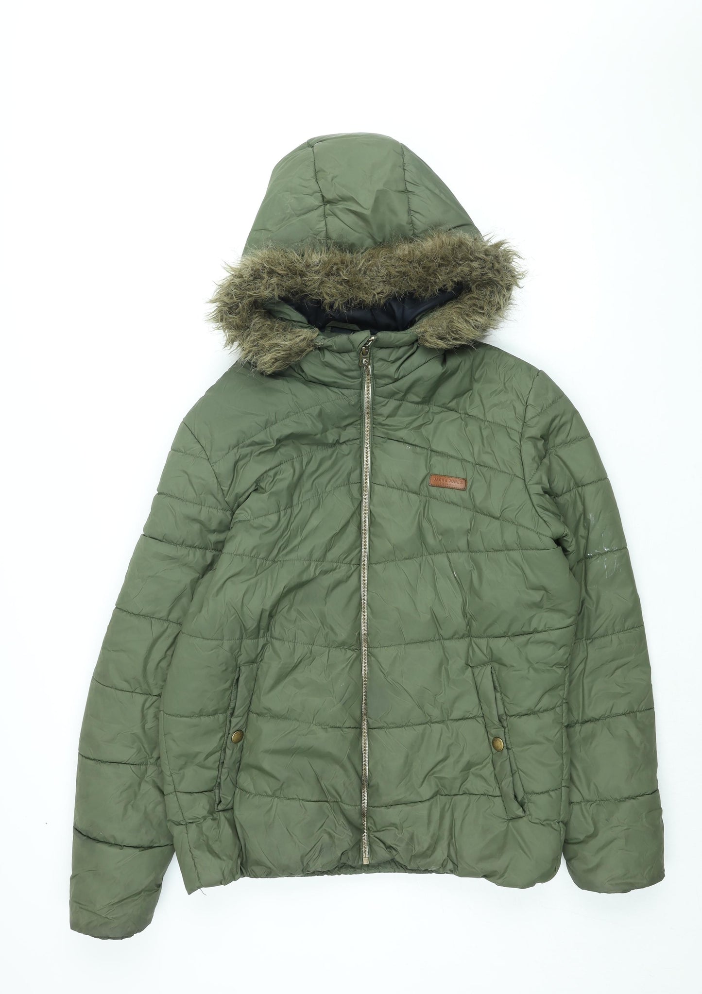 JACK & JONES Mens Green Puffer Jacket Coat Size L Zip - Faux Fur Hood