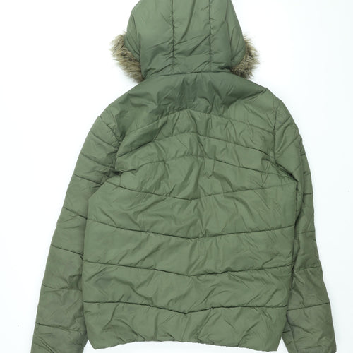 JACK & JONES Mens Green Puffer Jacket Coat Size L Zip - Faux Fur Hood