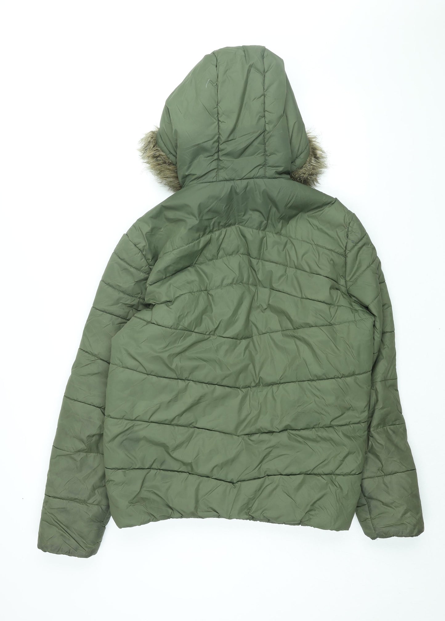 JACK & JONES Mens Green Puffer Jacket Coat Size L Zip - Faux Fur Hood