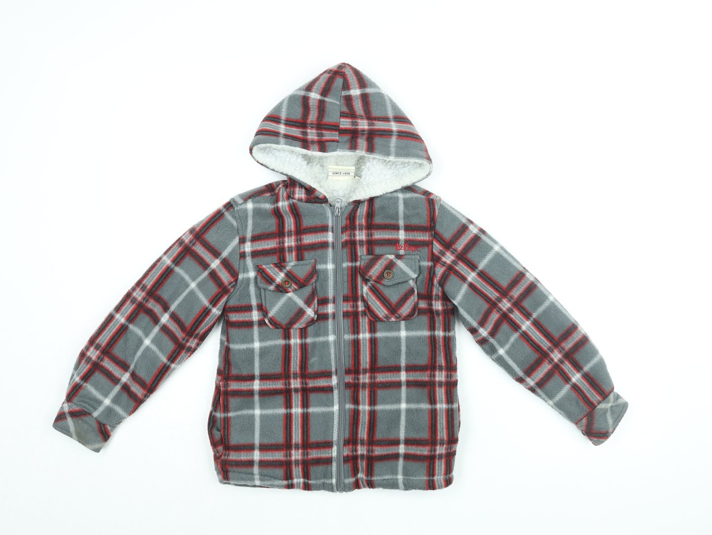 Lee Cooper Boys Grey Plaid Polyester Full Zip Hoodie Size 8 Years Zip