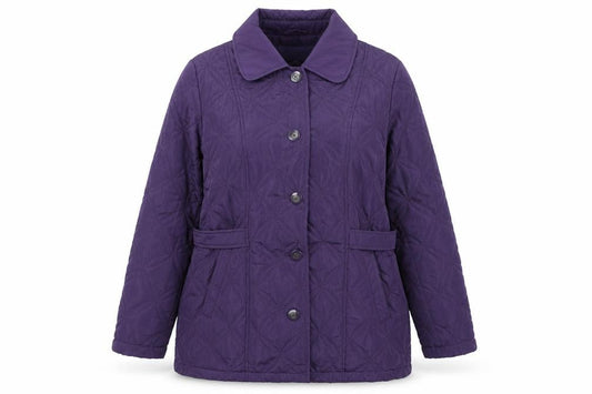 Front view of Autonomy women’s purple quilted coat, size UK 14, button