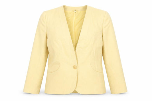 Front view of First Avenue women’s yellow jacket blazer, size UK 12, button - vintage