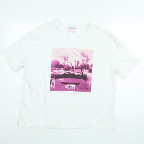 Barbie Womens White Cotton Basic T-Shirt Size S Round Neck - Barbie Car Print