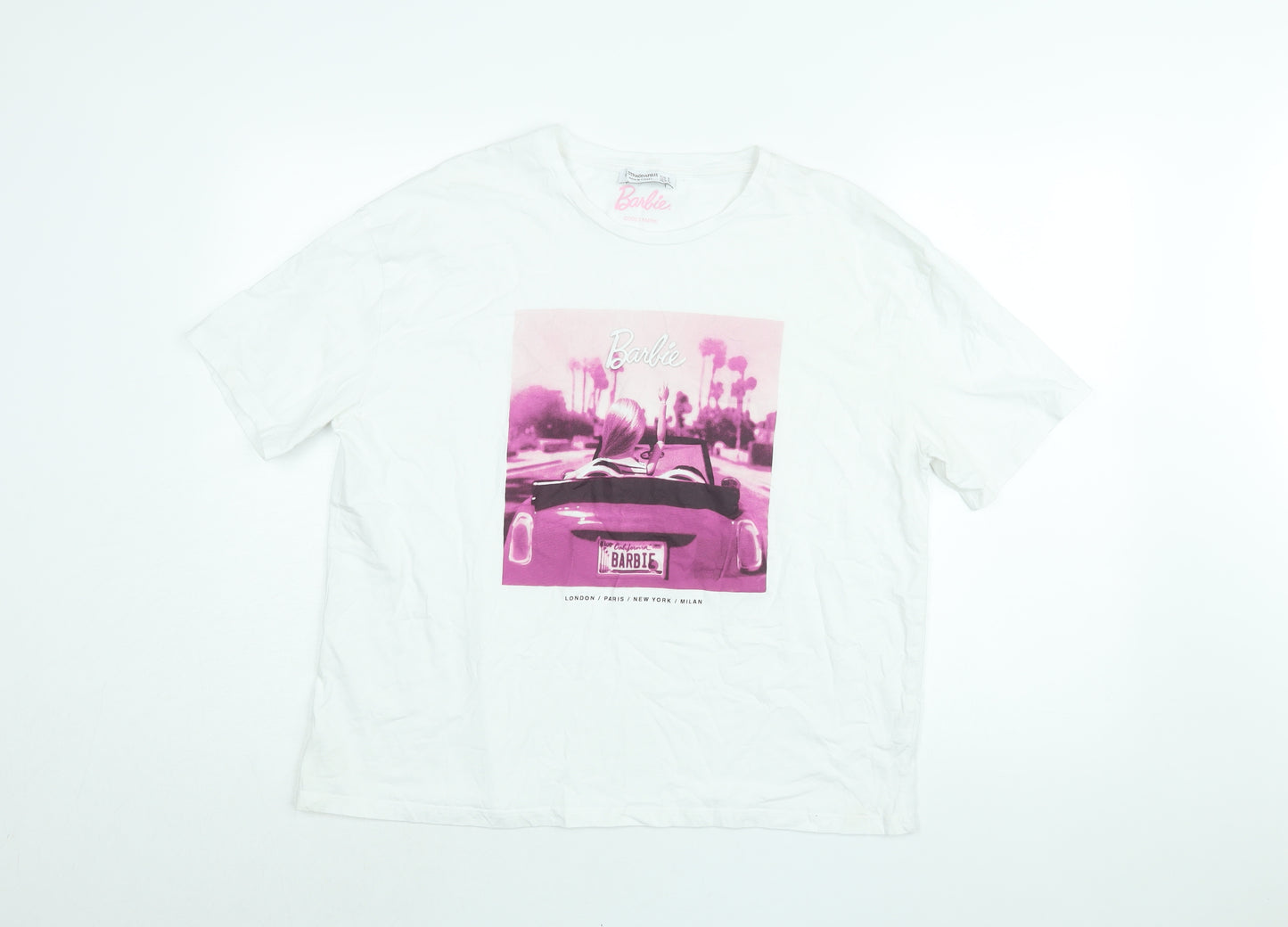 Barbie Womens White Cotton Basic T-Shirt Size S Round Neck - Barbie Car Print