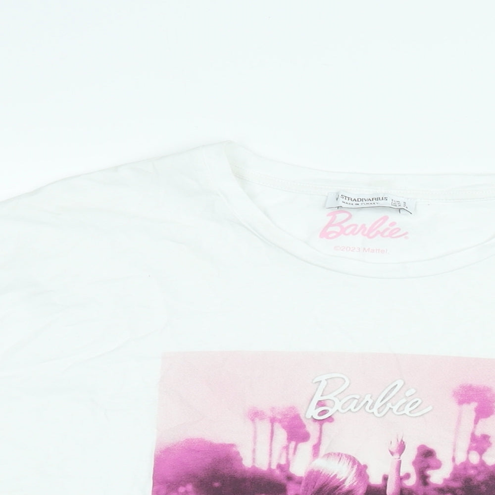 Barbie Womens White Cotton Basic T-Shirt Size S Round Neck - Barbie Car Print