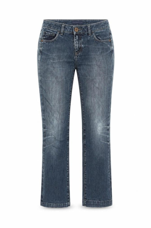 Front view of Trussardi Jeans women’s blue cotton straight jeans, size UK 30, in, 29.5-inch leg regular zip