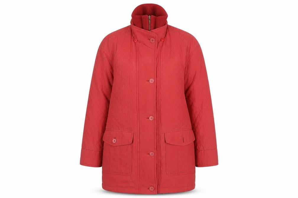 Front view of Dannimac women’s red overcoat coat, size M, zip