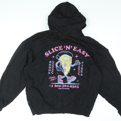 ONLY & SONS Mens Black Cotton Pullover Hoodie Size L - Slice'n'Easy, Bronx Pizza