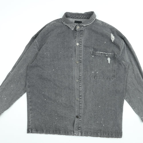 Boohoo Mens Grey Cotton Button-Up Size L Collared Button - Paint splatter effect, Distressed