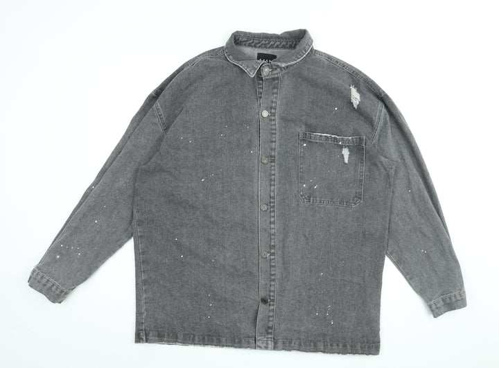 Boohoo Mens Grey Cotton Button-Up Size L Collared Button - Paint splatter effect, Distressed