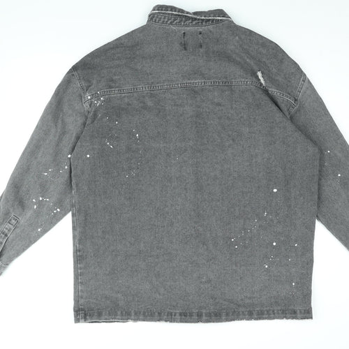 Boohoo Mens Grey Cotton Button-Up Size L Collared Button - Paint splatter effect, Distressed
