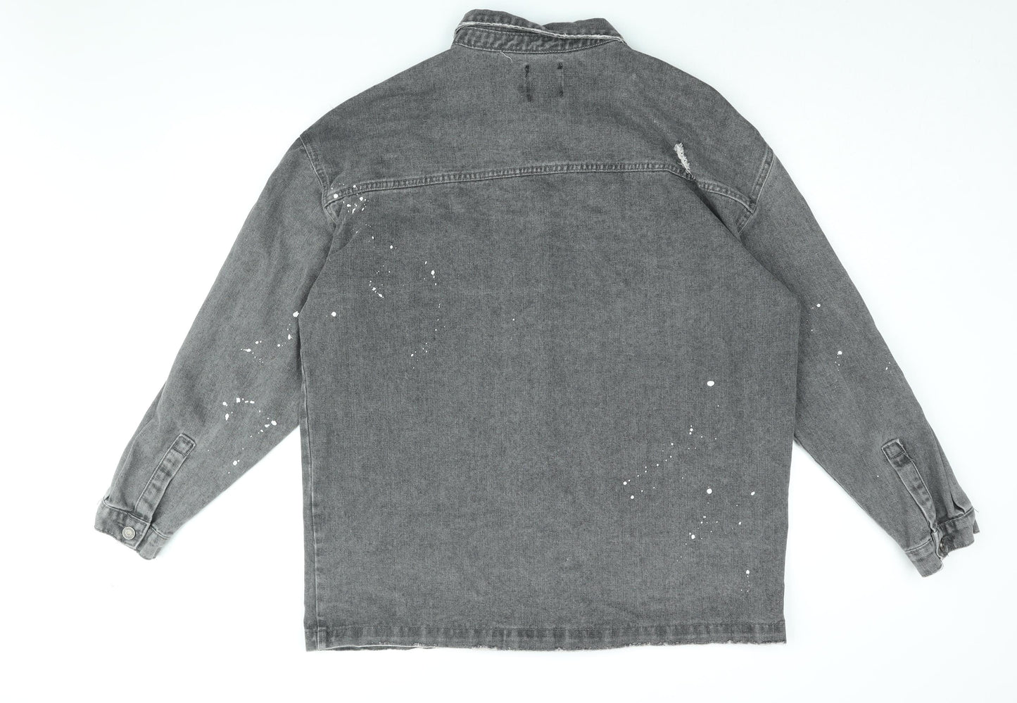 Boohoo Mens Grey Cotton Button-Up Size L Collared Button - Paint splatter effect, Distressed