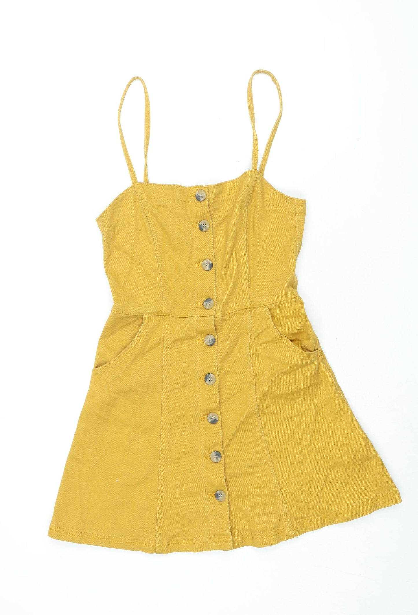 H&M Womens Yellow Cotton Mini Size 10 Square Neck Button