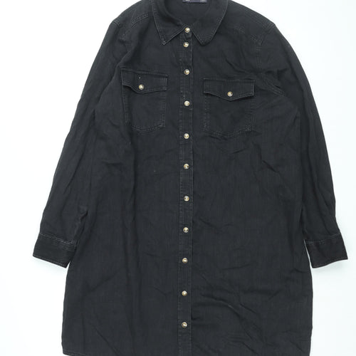 Marks and Spencer Womens Black Cotton Shirt Dress Size 16 Collared Snap