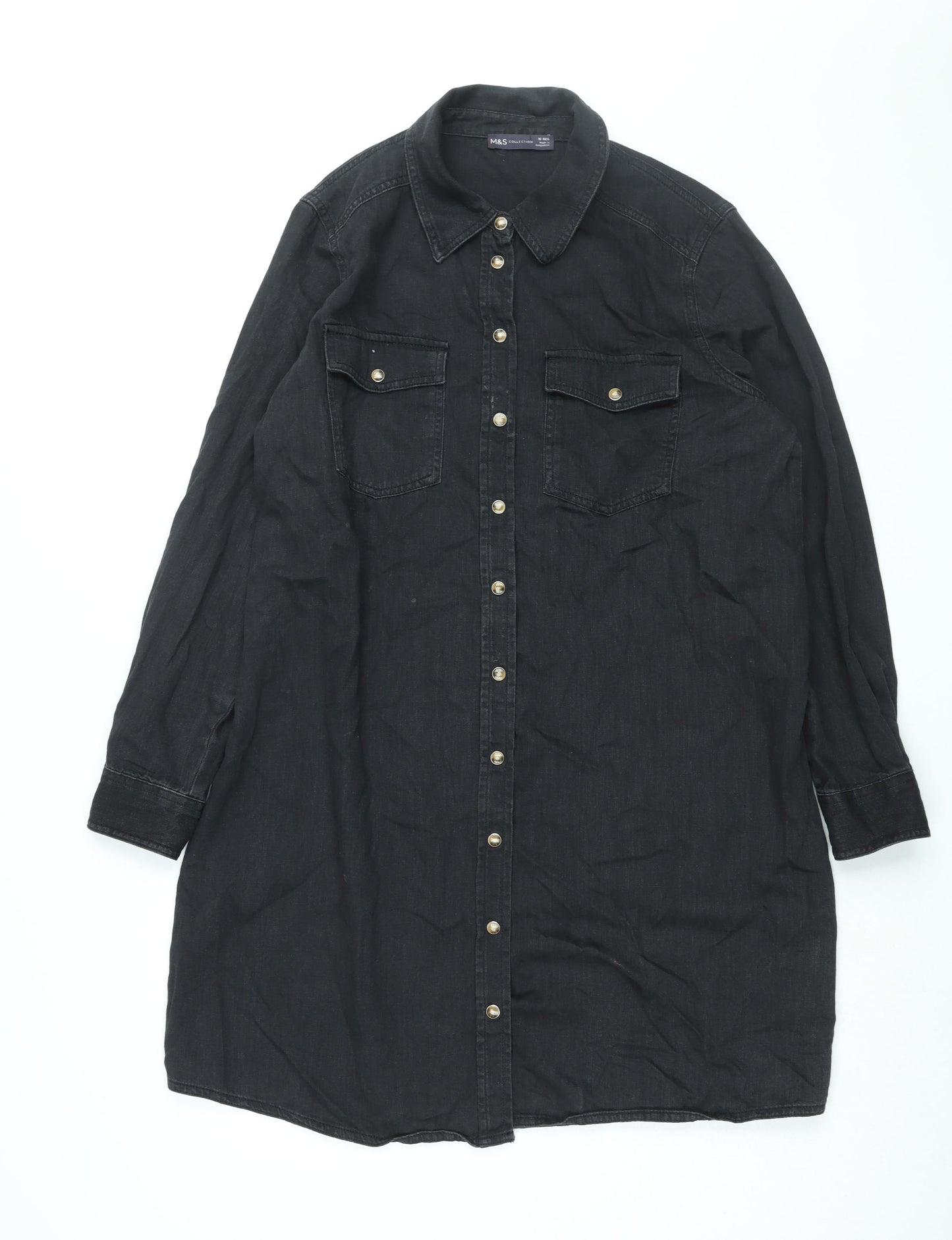 Marks and Spencer Womens Black Cotton Shirt Dress Size 16 Collared Snap