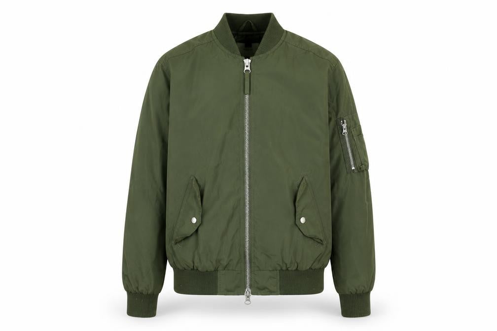 Front view of Topman men’s green bomber jacket jacket, size XS, zip