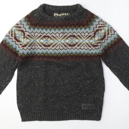 RJR Boys Grey Fair Isle Wool Blend Pullover Jumper, M, Autumn/Winter