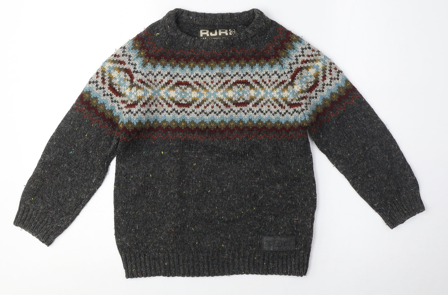 RJR Boys Grey Fair Isle Wool Blend Pullover Jumper, M, Autumn/Winter