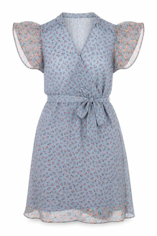 Front view of French Connection women’s blue floral polyester a-line, size UK 6, v-neck zip