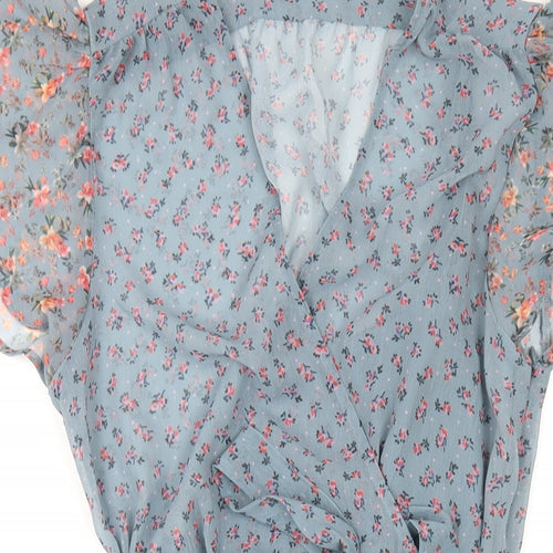 French Connection Womens Blue Floral Polyester A-Line Size 6 V-Neck Zip