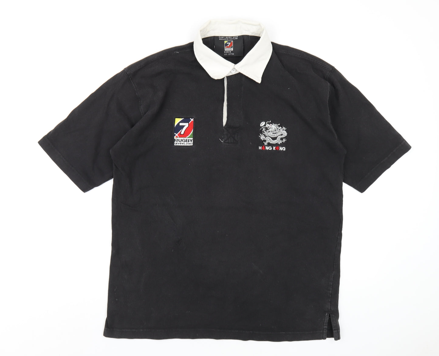 Hong Kong Rugby Mens Black Cotton Polo Size M Collared Button - Rugby Sevens 2002 Hong Kong