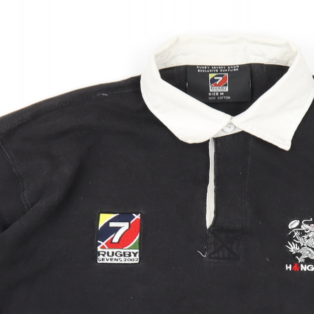 Hong Kong Rugby Mens Black Cotton Polo Size M Collared Button - Rugby Sevens 2002 Hong Kong