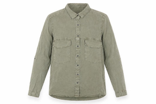 Front view of Stradivarius women’s green lyocell basic button-up, size L, collared