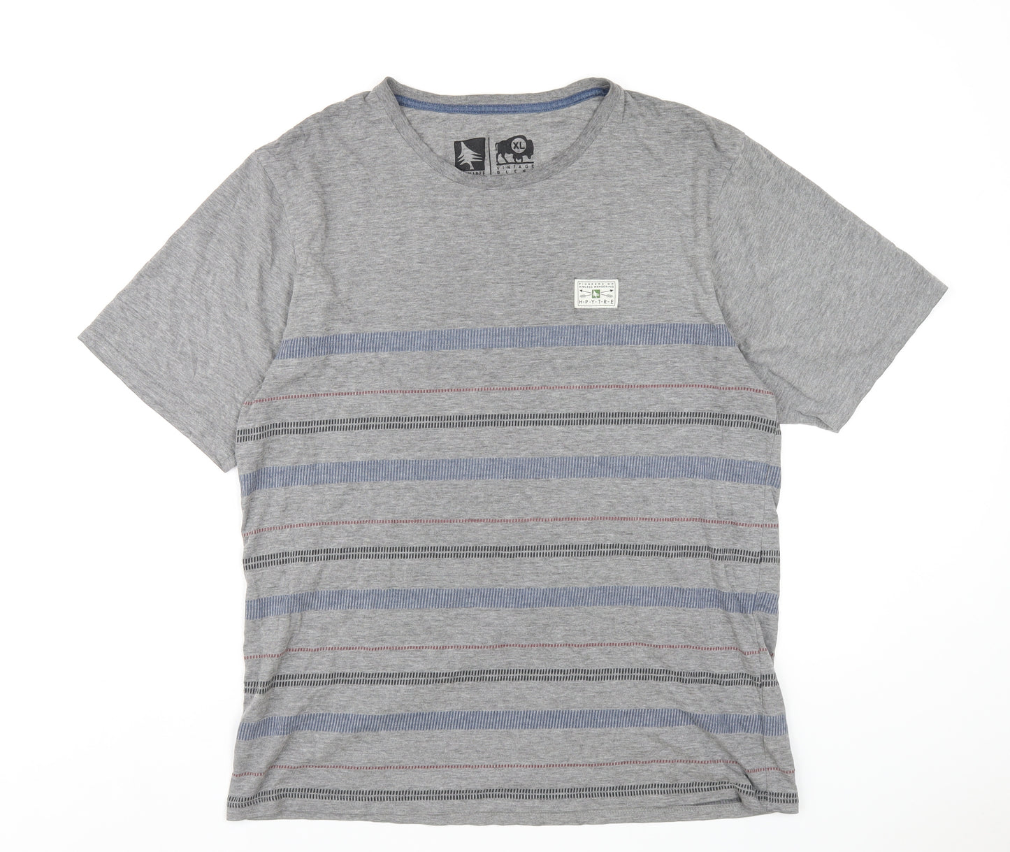 Hippy Tree Mens Grey Striped Cotton T-Shirt Size XL Round Neck