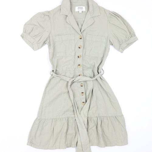 Miss Selfridge Womens Green Cotton Shirt Dress Size 8 Collared Button